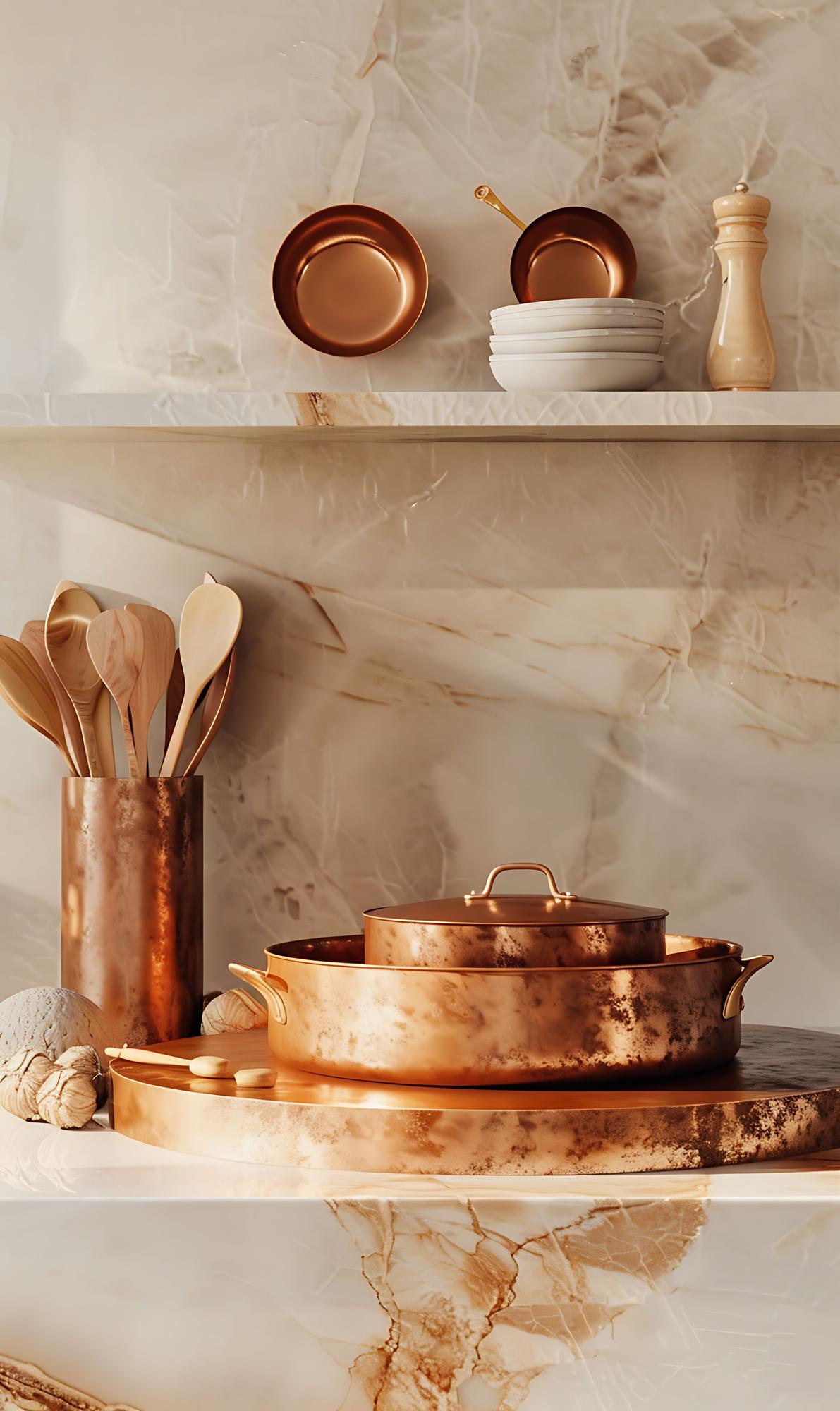 Intimate kitchen studio with copper pans and marble